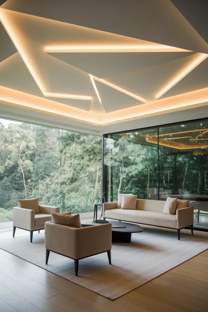 30 False Ceiling Ideas That Instantly Make Your Home Look More Luxurious 14 Geometric LED False Ceiling with Cove Lighting