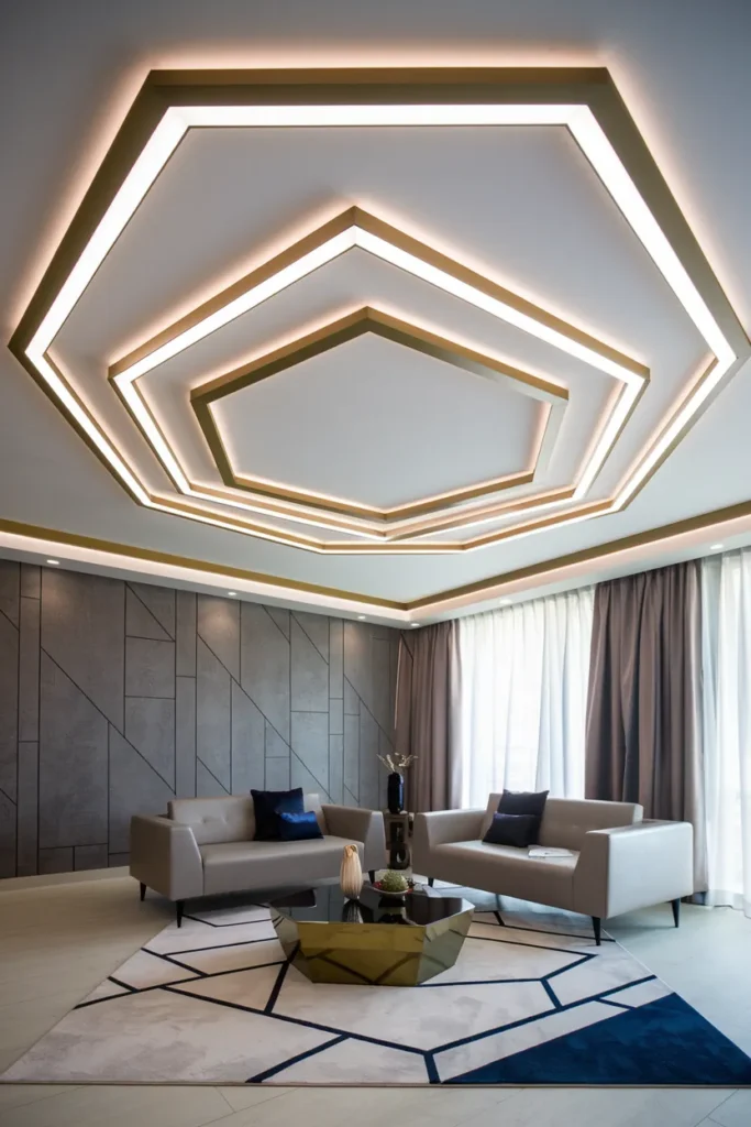 30 False Ceiling Ideas That Instantly Make Your Home Look More Luxurious 8 Geometric LED False Ceiling with Modern Accents