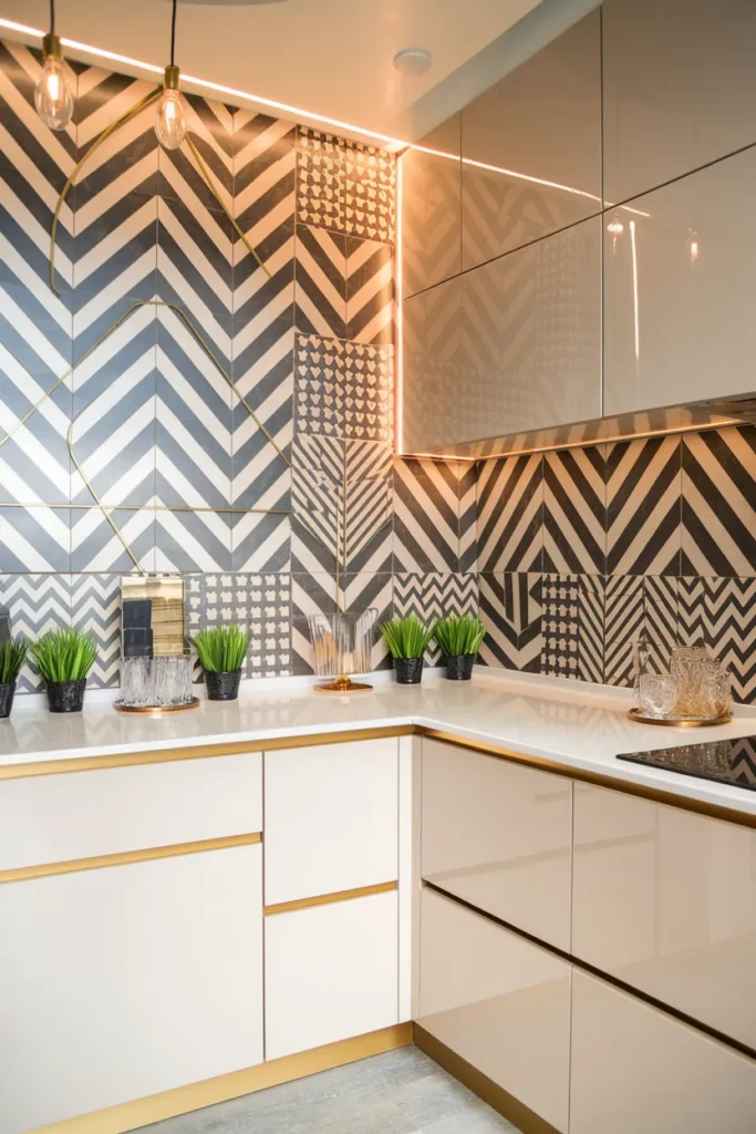 Geometric Tile Backsplash with Brass Inlay