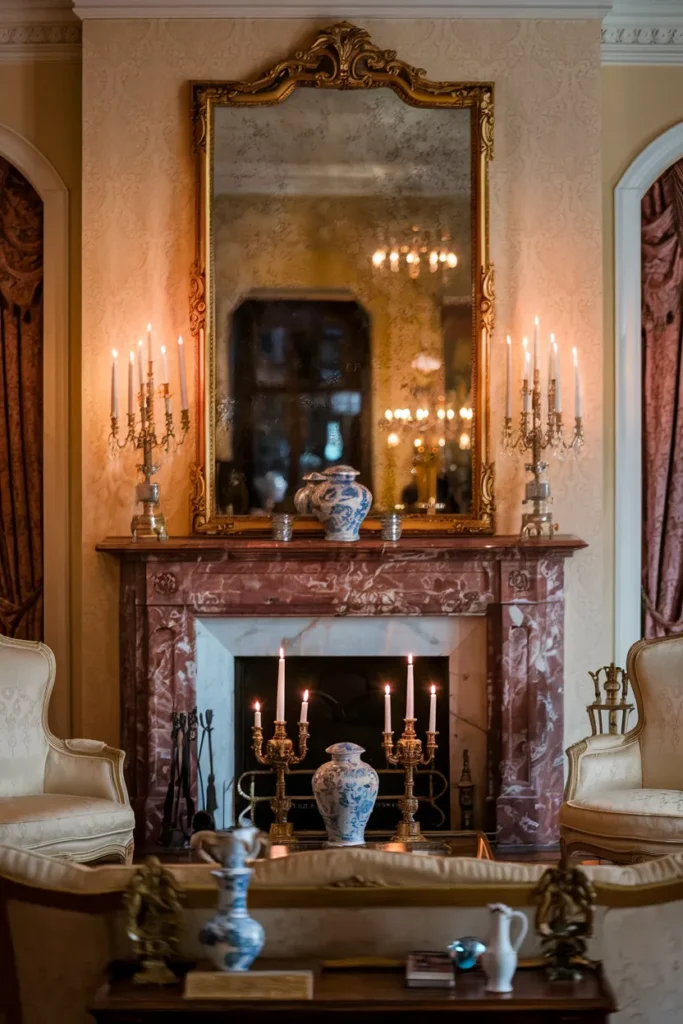 Gilded Mirror Above a Marble Fireplace Mantel