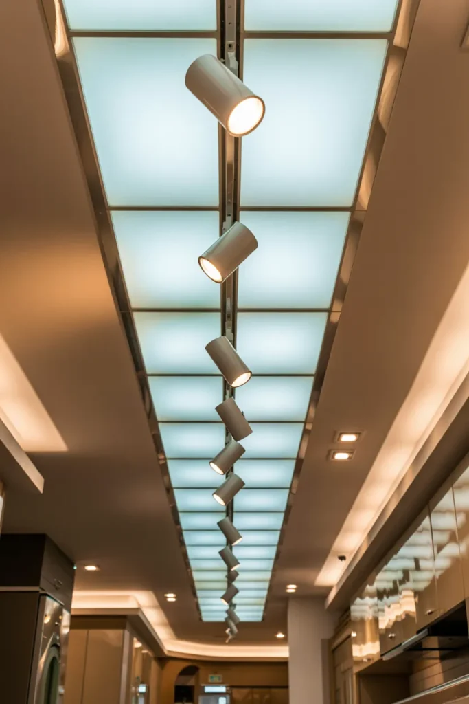 30 False Ceiling Ideas That Instantly Make Your Home Look More Luxurious 22 Glass Panel False Ceiling with Track Lighting