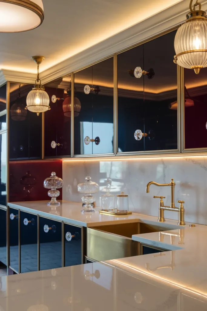 Glossy Lacquered Cabinets with Retro Hardware