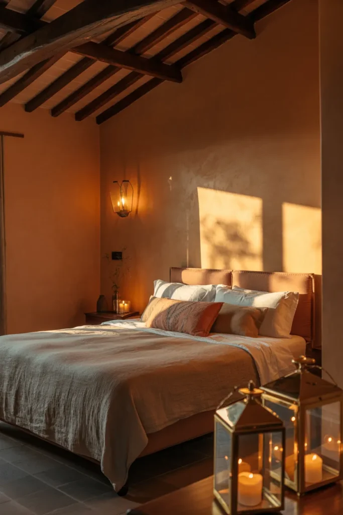 15 Tuscan Bedroom Ideas That Bring Italy’s Warmth Straight Into Your Home 15 Golden Hour Glow