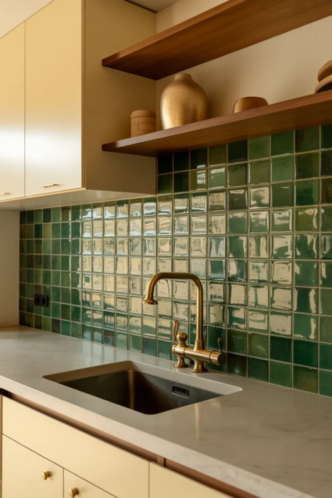 Green Backsplash with Natural Stone Counters