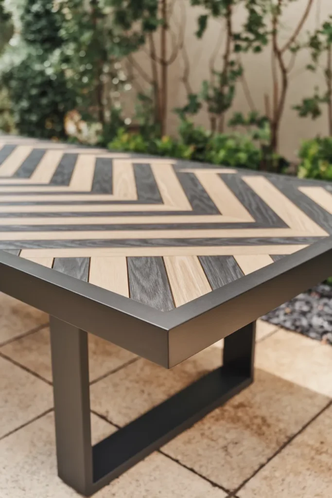 20 DIY Outdoor Dining Table Ideas You’ll Want to Build This Weekend 6 Herringbone Deck-Board