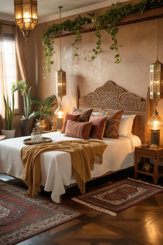 25 Beautiful Boho Bedroom Ideas That Bring Comfort and Soul to Your Space 2 Aesthetic four-panel collage featuring cozy boho bedroom scenes. Each panel showcases a different style:Neutral layered textures with linen bedding and jute rugRattan furniture and woven wall artEarthy color palette with plants and soft lightingMinimal boho space with natural wood accents and handmade details.Add soft gradient overlay in warm beige to terracotta tones. Place elegant modern white text in center reading “Boho Bedroom Decor Ideas” in a minimalist serif font. The collage should feel calm, artistic, and natural. Balanced composition, warm lighting, high-resolution, lifestyle photography style, realistic textures, professional blog aesthetic.