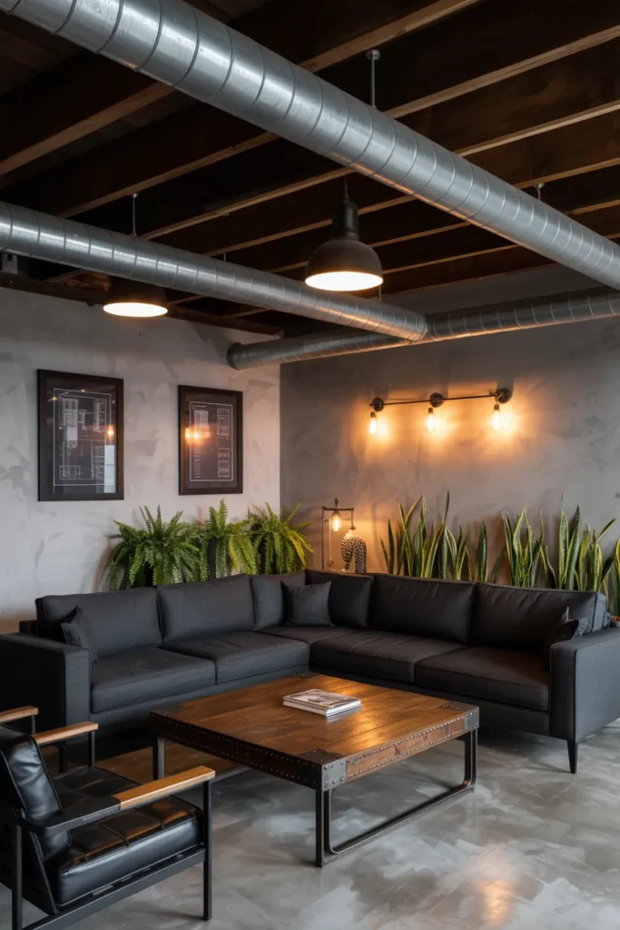 Industrial Living Room with Exposed Ceiling Pipes