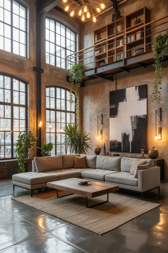 Industrial Loft Style Living Room with High Ceilings