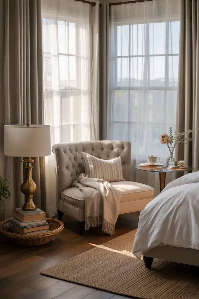 17 Warm and Elegant Nancy Meyers Bedroom Aesthetic Ideas for Timeless Comfort 10 Inviting Sitting Area by the Window
