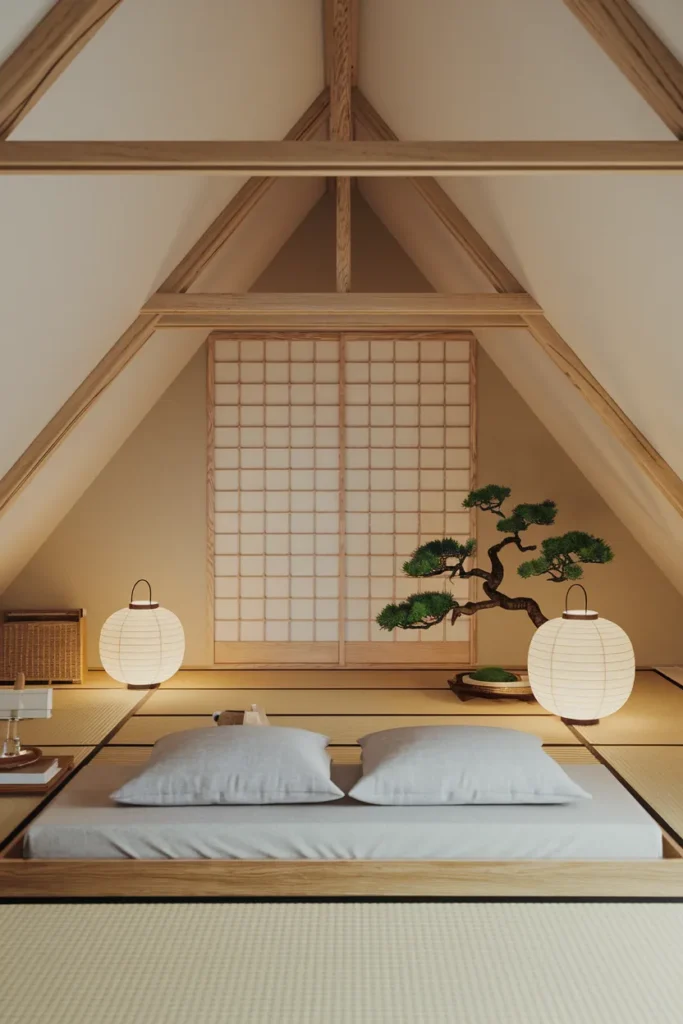 30 Attic Bedroom Ideas That Turn Forgotten Spaces into Dreamy Retreats 18 Japandi Calm Retreat