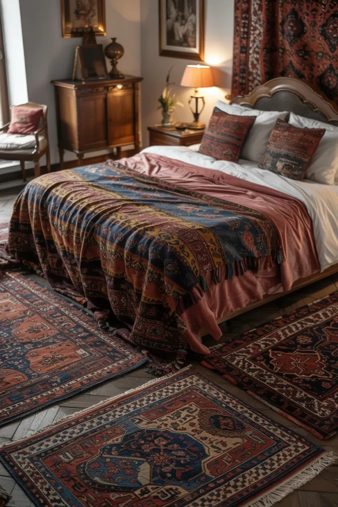 28 Maximalist Bedroom Decor Ideas That Mix Comfort, Color, and Chaos Beautifully 9 Layer Rugs for Depth and Comfort