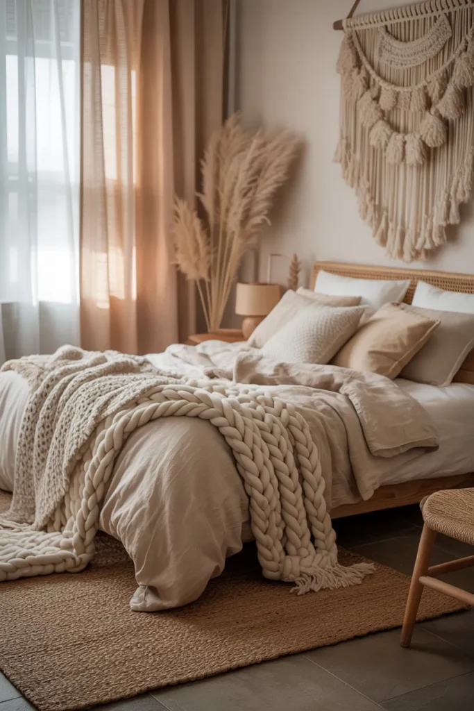 25 Beautiful Boho Bedroom Ideas That Bring Comfort and Soul to Your Space 3 Layer Textures for Effortless Warmth