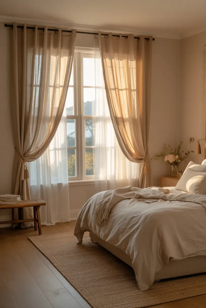 17 Warm and Elegant Nancy Meyers Bedroom Aesthetic Ideas for Timeless Comfort 17 Layered Curtains for Soft Framing