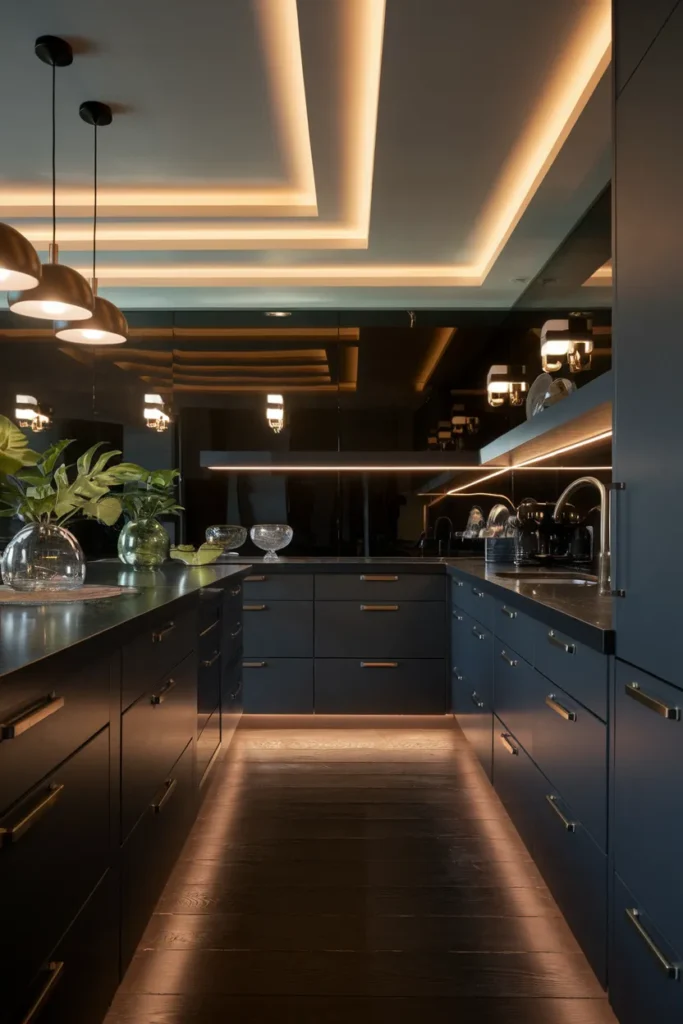 25 Dark & Moody Kitchen Ideas That Make Shadows Feel Luxurious 11 Layered Lighting for a Cinematic Glow