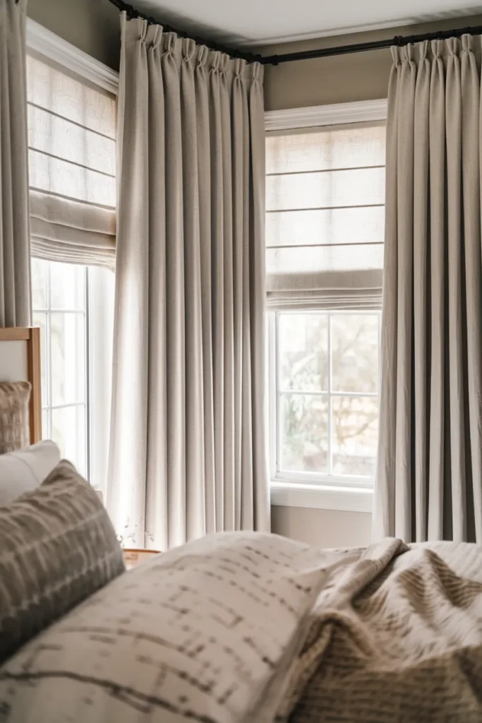 Layered Linen Curtains with Roman Shades