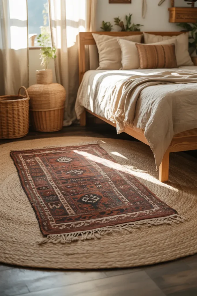 25 Beautiful Boho Bedroom Ideas That Bring Comfort and Soul to Your Space 24 Layered Rugs for Depth and Comfort