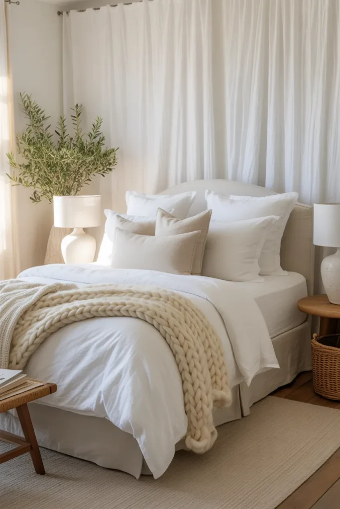 17 Warm and Elegant Nancy Meyers Bedroom Aesthetic Ideas for Timeless Comfort 3 Layered Whites with Character