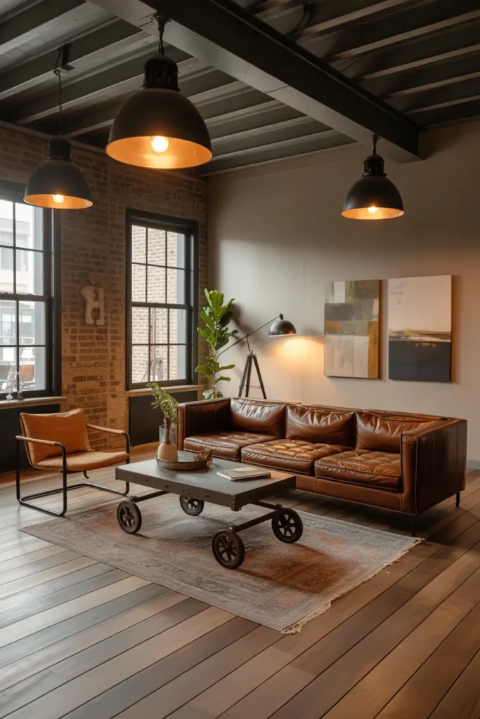 Leather Sofas with Industrial Pendant Lighting