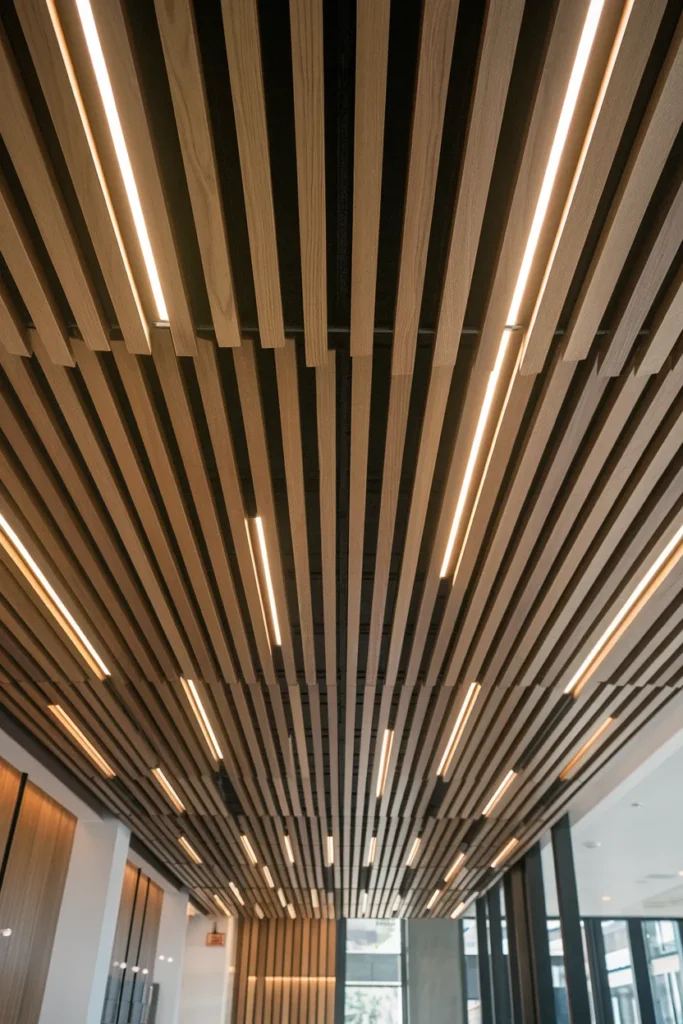 30 False Ceiling Ideas That Instantly Make Your Home Look More Luxurious 3 Linear Wooden Slat False Ceiling with LED Strips