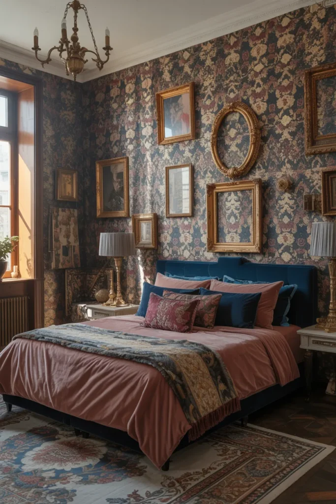 28 Maximalist Bedroom Decor Ideas That Mix Comfort, Color, and Chaos Beautifully 12 Make an Impact with Patterned Wallpaper