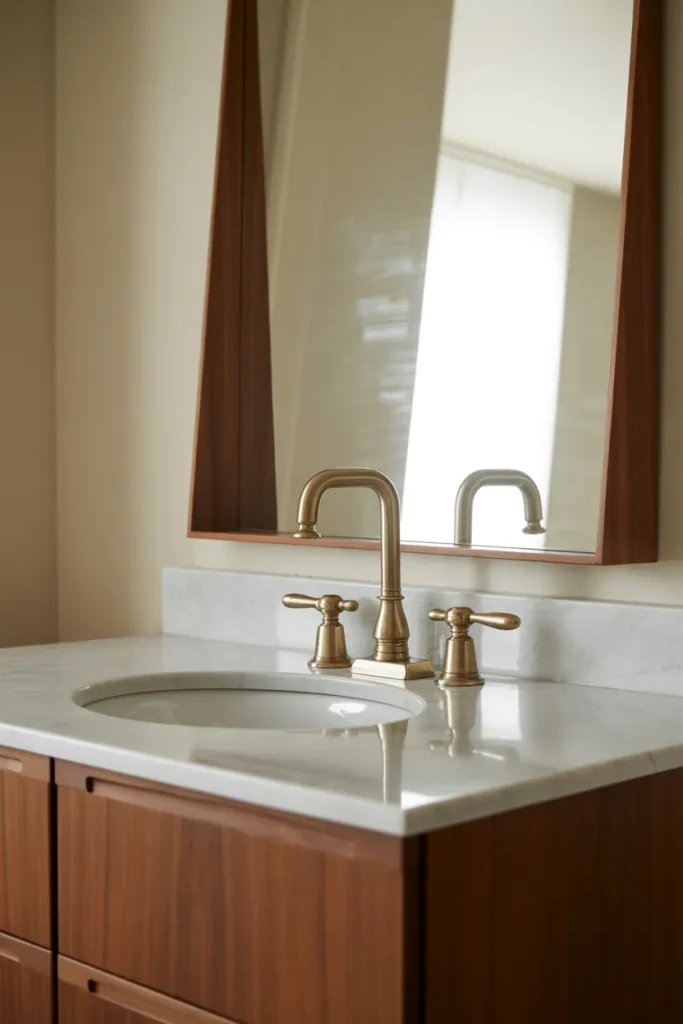 20 Mid Century Modern Bathroom Ideas That Instantly Elevate Your Space 21 Marble Countertop With Vintage Brass Fixtures