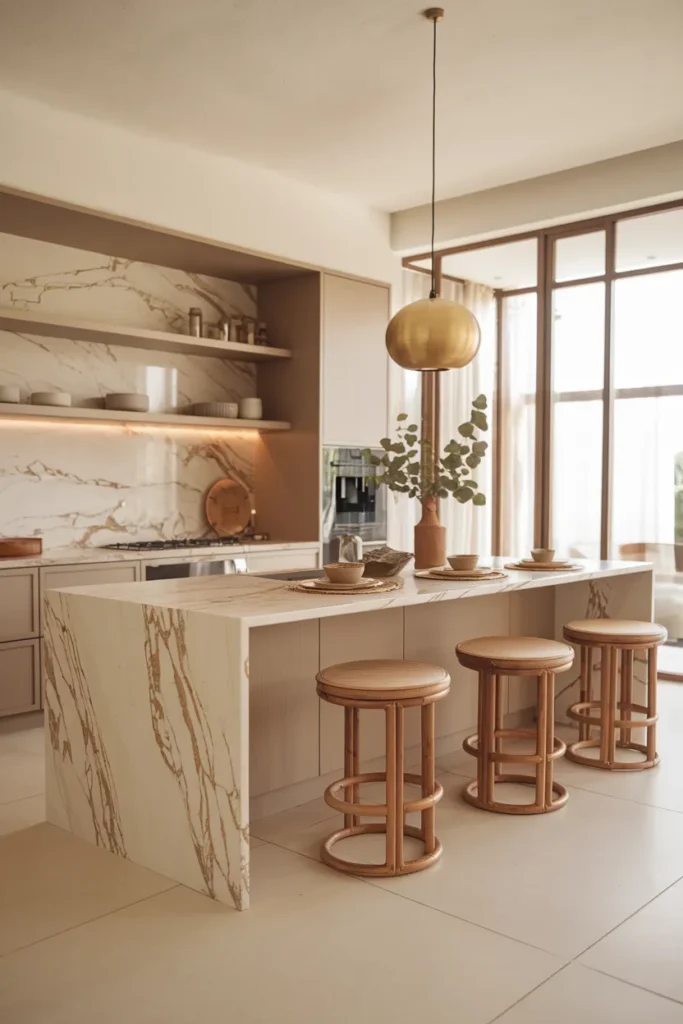 Marble Waterfall Island with Organic Seating and Green Accents