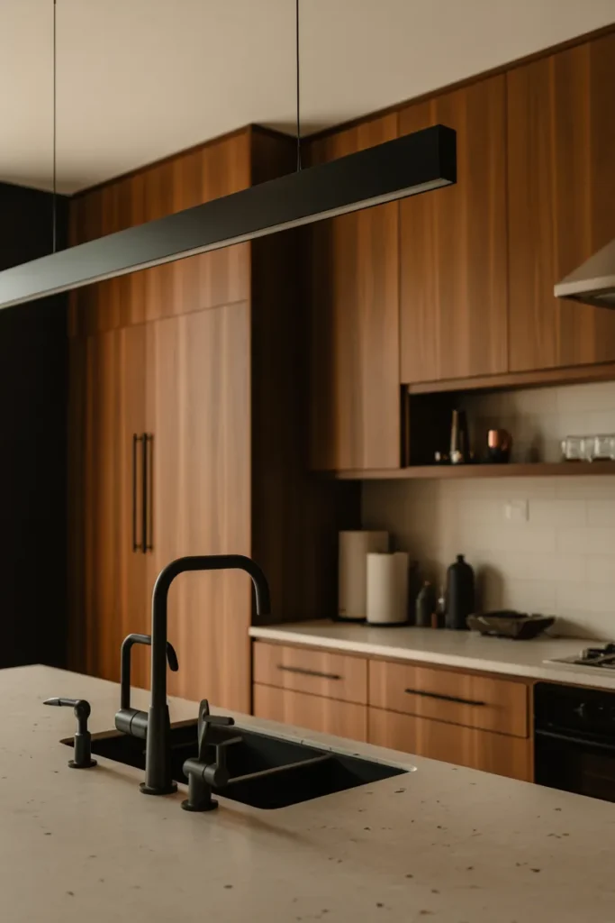 Matte Black Fixtures with Warm Wood Tones