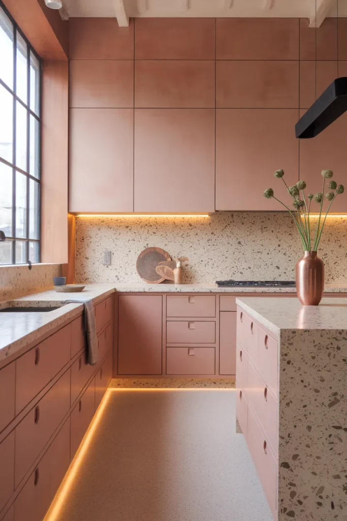 Matte Clay Cabinets with Recycled Stone Countertops