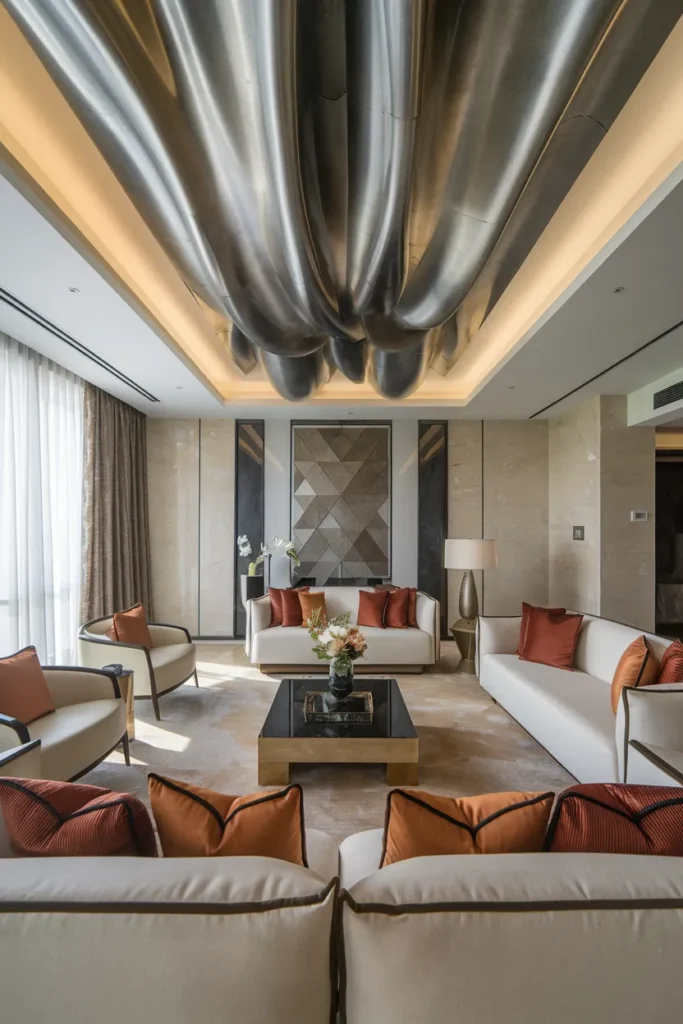 30 False Ceiling Ideas That Instantly Make Your Home Look More Luxurious 10 Metallic Tube False Ceiling with Ambient Lighting