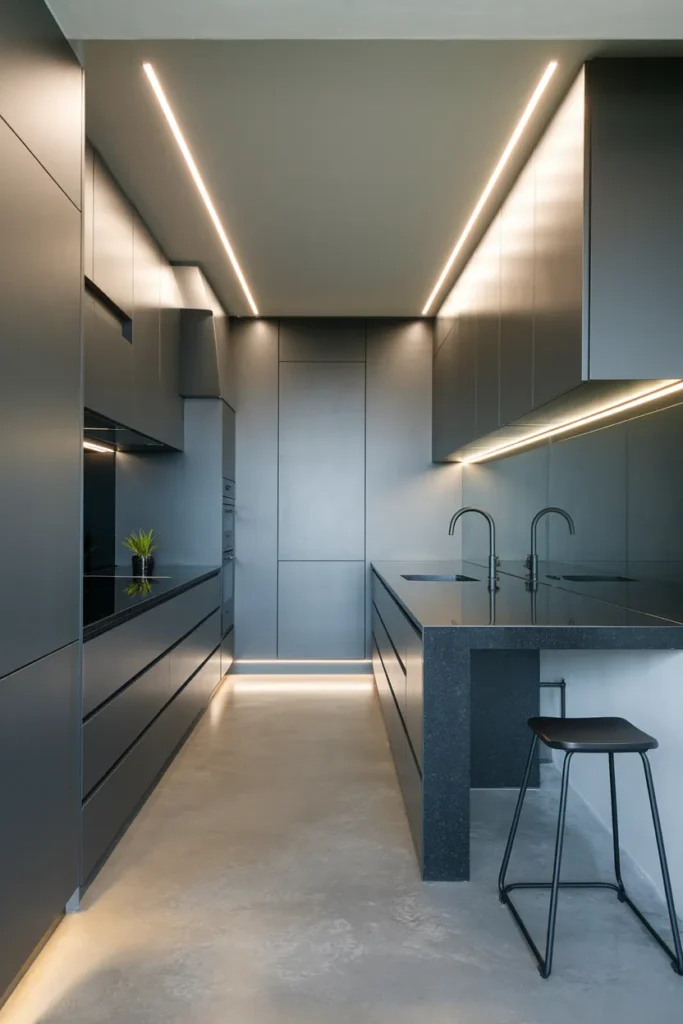 25 Dark & Moody Kitchen Ideas That Make Shadows Feel Luxurious 23 Minimalist Moody Kitchen with Clean Lines