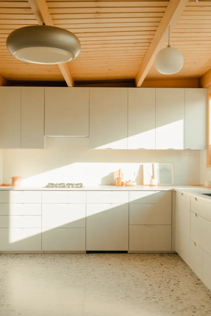 Minimalist White Kitchen with Wood Ceiling