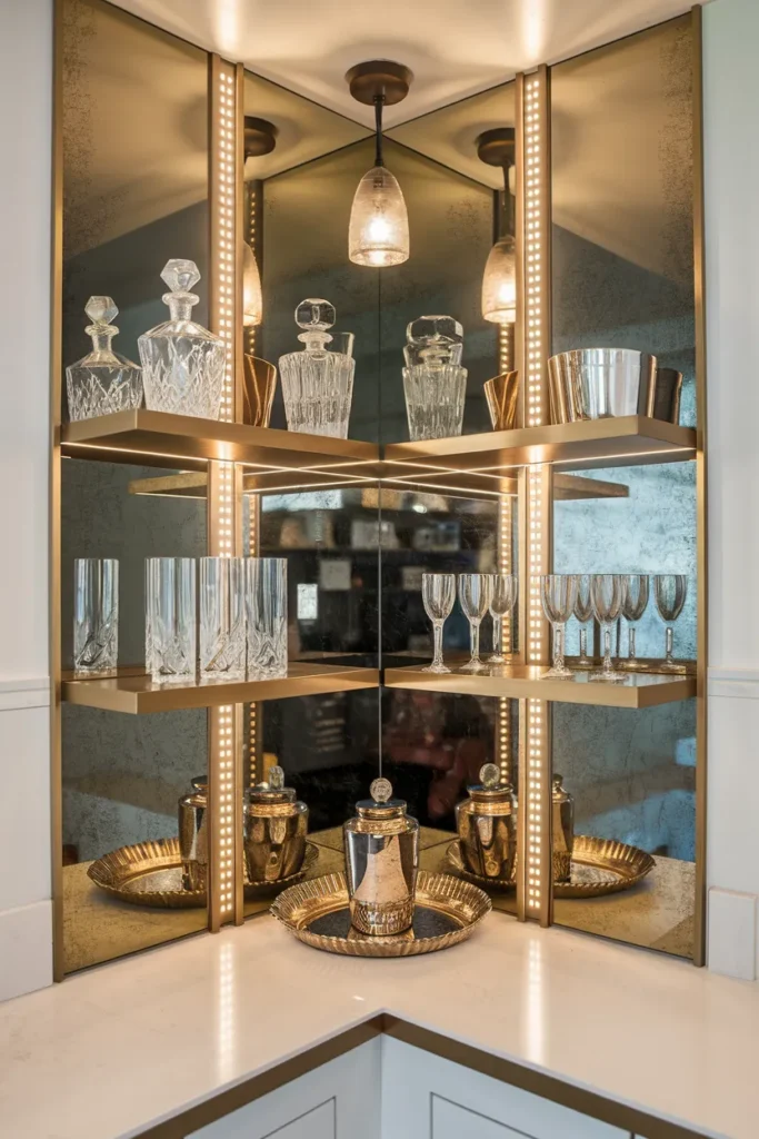 Mirrored Bar Niche with Brass Shelving