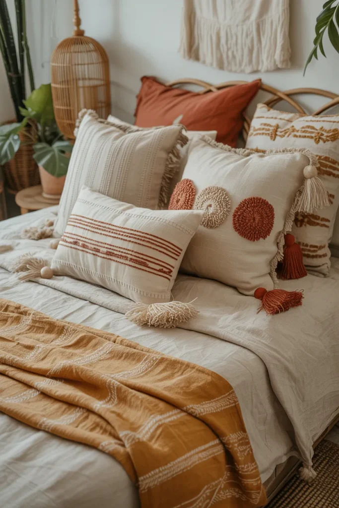 25 Beautiful Boho Bedroom Ideas That Bring Comfort and Soul to Your Space 19 Mix and Match Boho Pillows