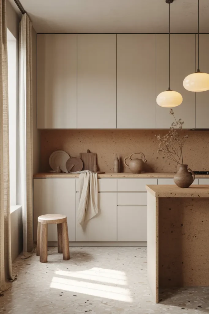 Monochrome Neutrals with Clay Countertops and Wooden Accents