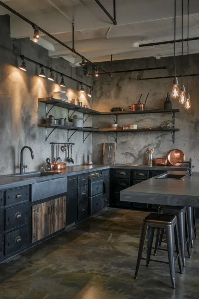 25 Dark & Moody Kitchen Ideas That Make Shadows Feel Luxurious 9 Moody Concrete Finishes with Industrial Touches