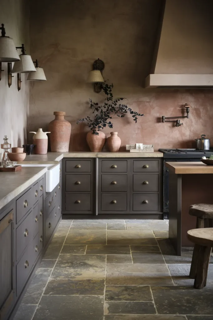 25 Dark & Moody Kitchen Ideas That Make Shadows Feel Luxurious 20 Moody Kitchen with Earthy Neutrals and Stone Floors