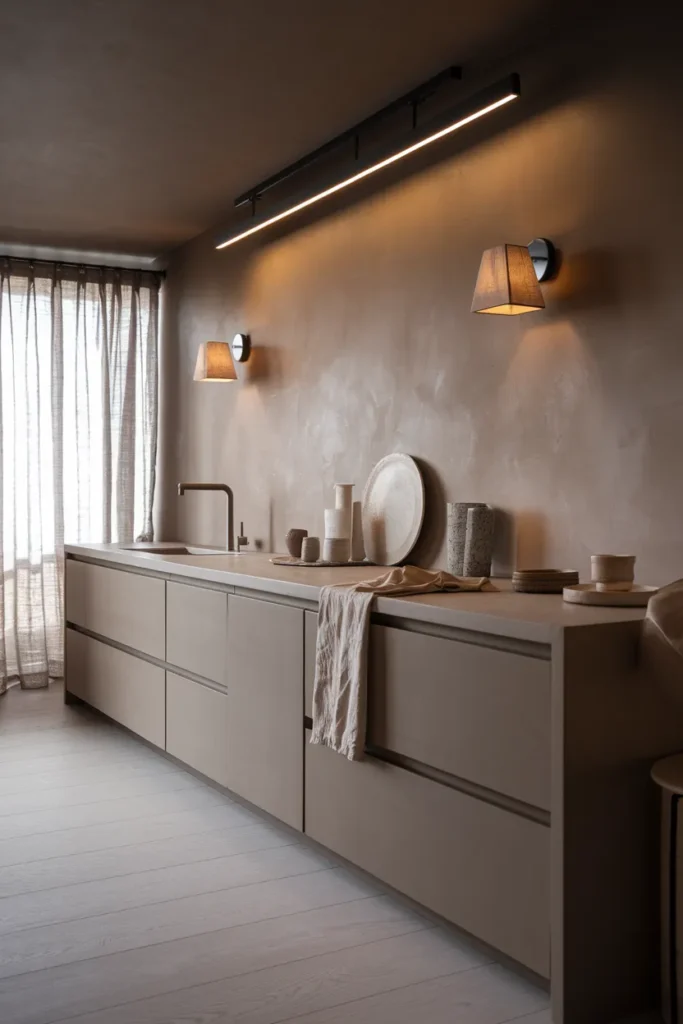 25 Dark & Moody Kitchen Ideas That Make Shadows Feel Luxurious 18 Moody Neutrals with Layered Textures