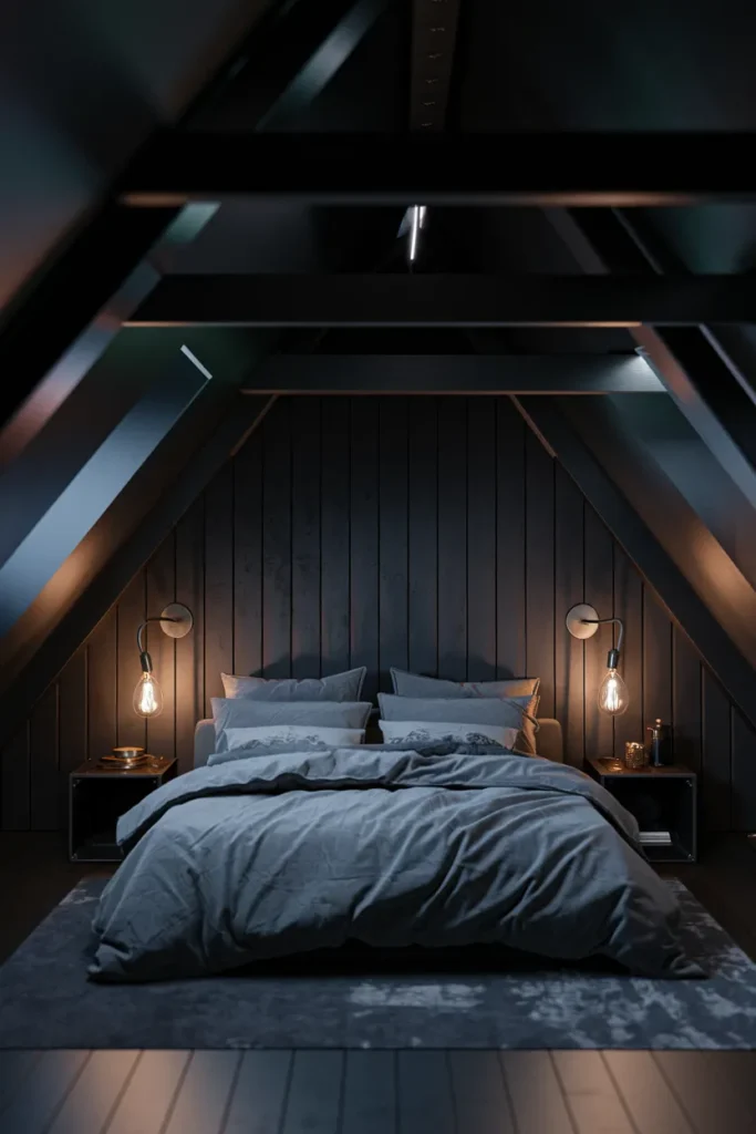 30 Attic Bedroom Ideas That Turn Forgotten Spaces into Dreamy Retreats 22 Moody and Modern Attic Bedroom