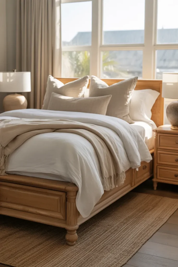 17 Warm and Elegant Nancy Meyers Bedroom Aesthetic Ideas for Timeless Comfort 13 Natural Wood and Textured Layers