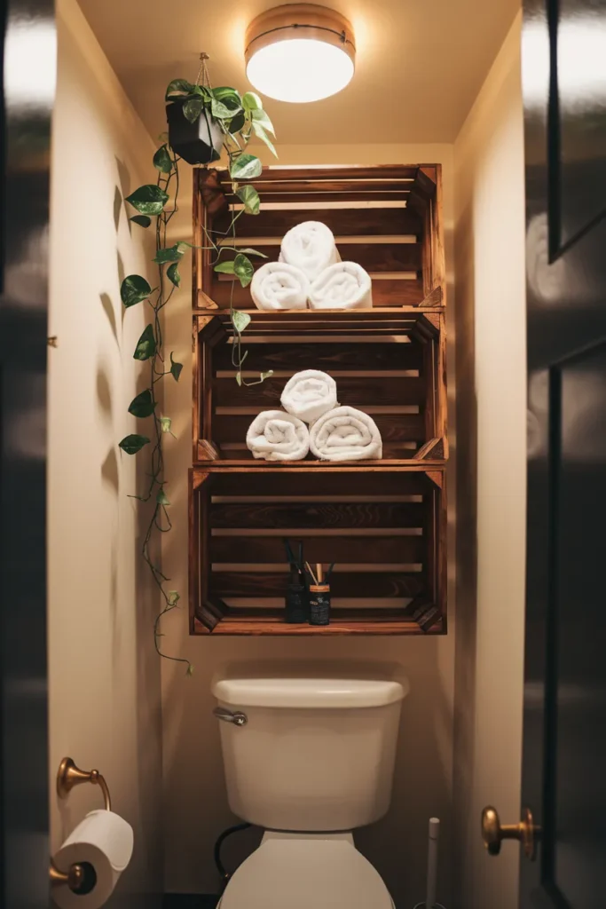 15 Genius DIY Small Funky Bathroom Upgrades That’ll Make Guests Say WOW 7 Open Crate Shelving Over the Toilet