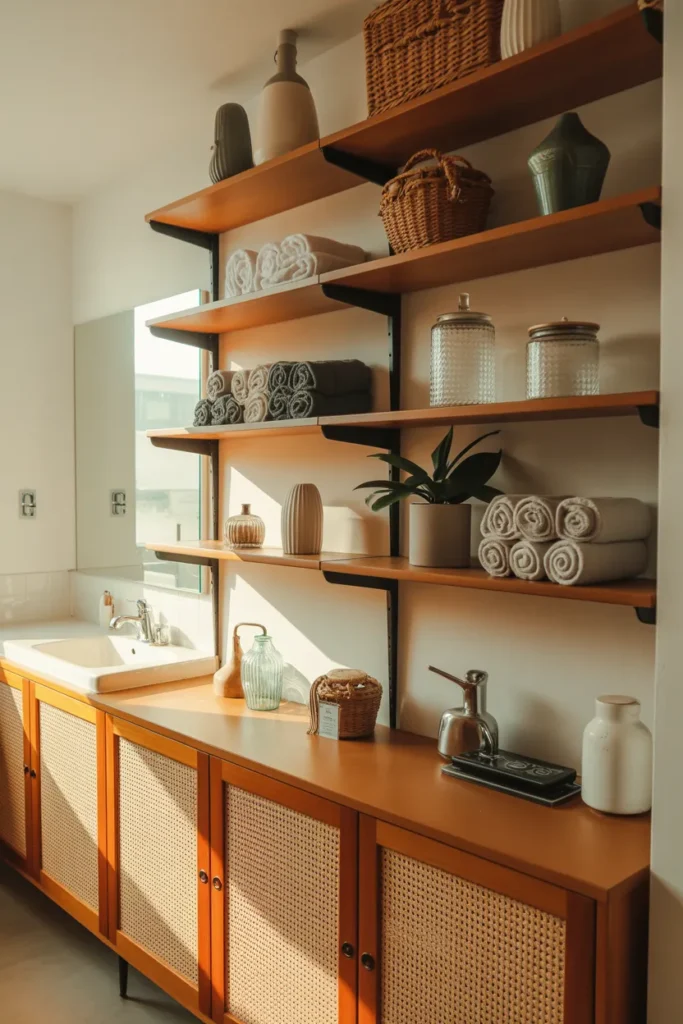 20 Mid Century Modern Bathroom Ideas That Instantly Elevate Your Space 15 Open Shelving With Vintage Accessories