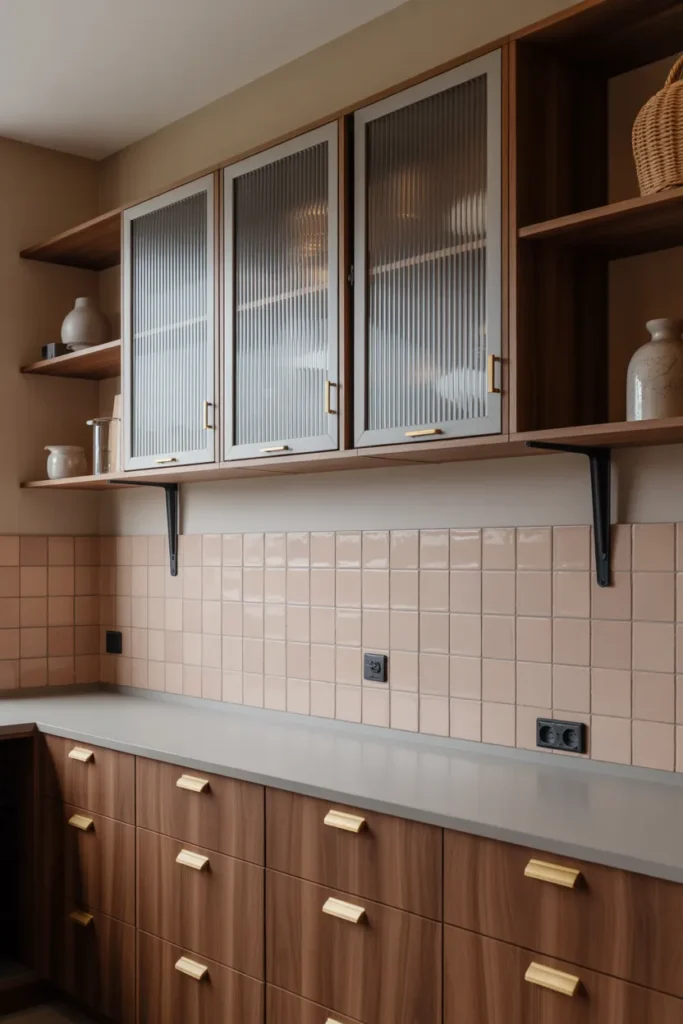 Open Shelving with Ribbed Glass Cabinets