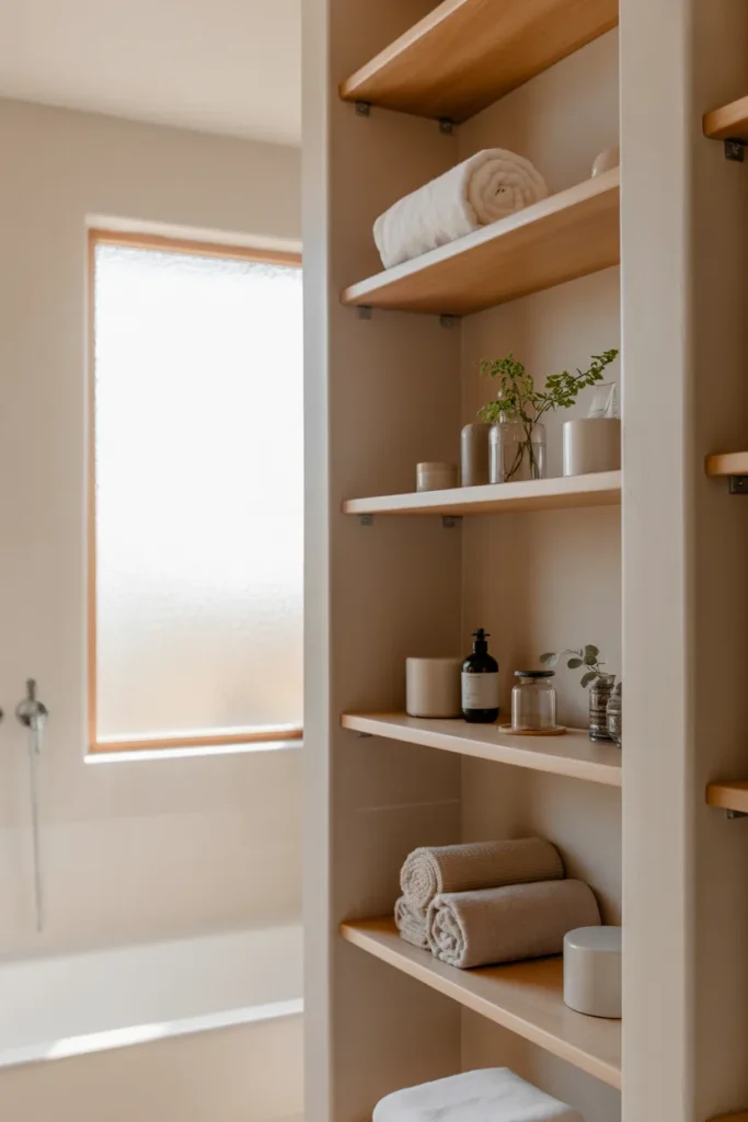 Simple Meets Stylish: 25 Minimalist Bathroom Designs That Inspire Clarity 7 Open Shelving with Simple Lines