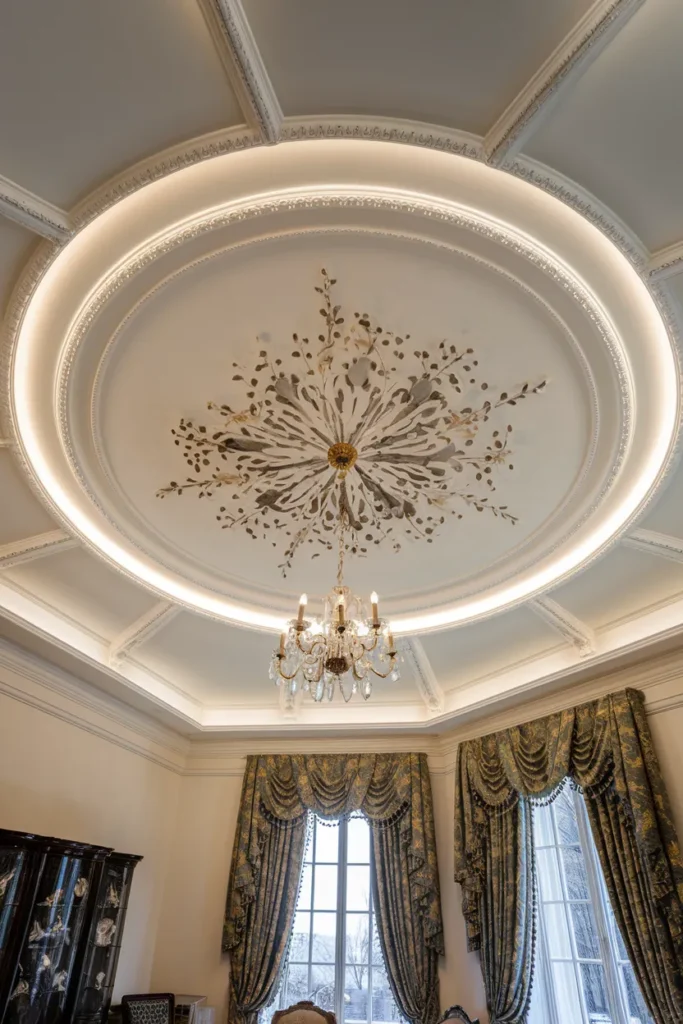 30 False Ceiling Ideas That Instantly Make Your Home Look More Luxurious 18 Ornate Circular False Ceiling with Chandelier Accent