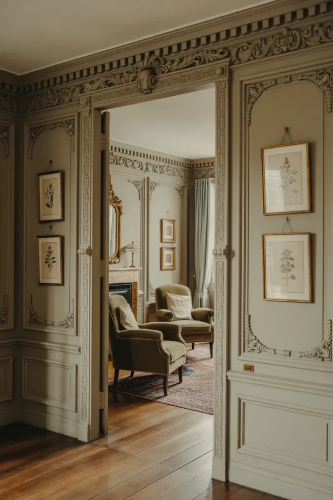 Ornate Wall Paneling with Antique Paint Finish