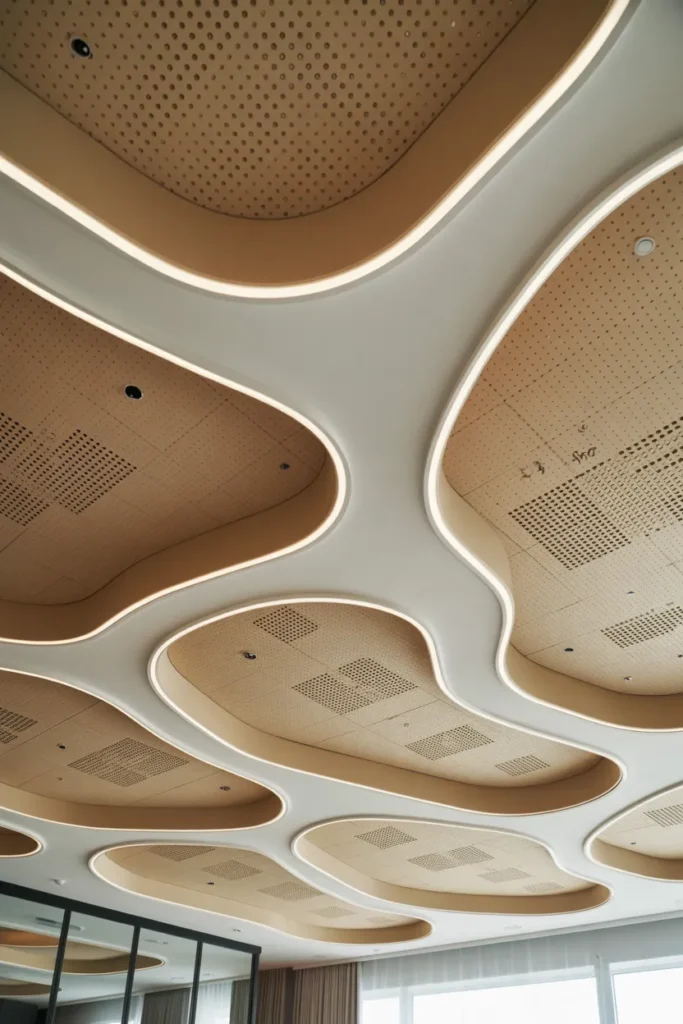 30 False Ceiling Ideas That Instantly Make Your Home Look More Luxurious 26 Parametric Flow Ceiling with Organic Acoustic Design