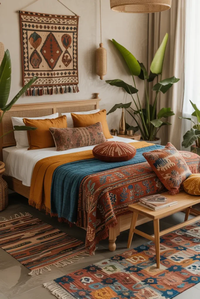 25 Beautiful Boho Bedroom Ideas That Bring Comfort and Soul to Your Space 12 Pattern Play with Global Textiles