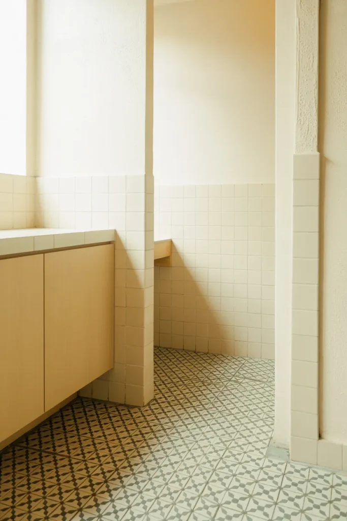 20 Mid Century Modern Bathroom Ideas That Instantly Elevate Your Space 10 Patterned Floor Tile With Simple White Walls