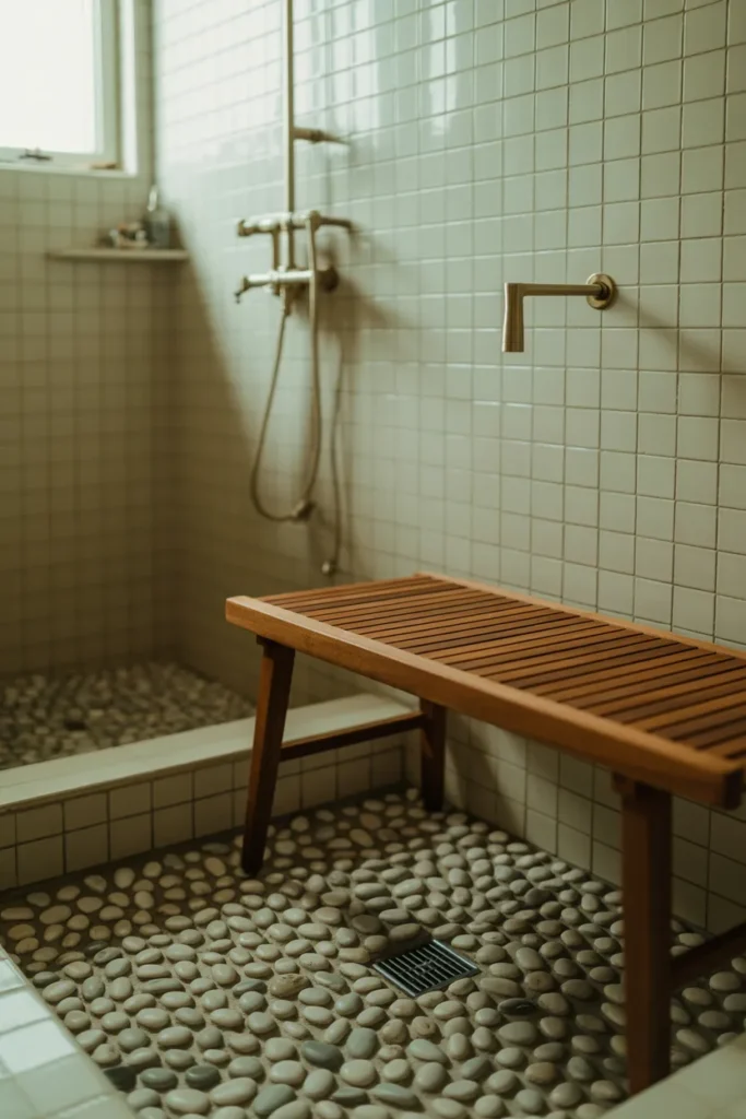 20 Mid Century Modern Bathroom Ideas That Instantly Elevate Your Space 16 Pebble Floor With Teak Bath Bench