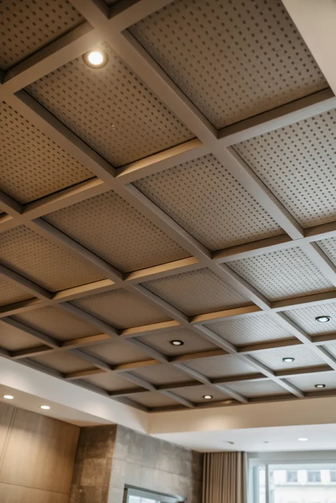 30 False Ceiling Ideas That Instantly Make Your Home Look More Luxurious 27 Perforated Metal Ceiling with Acoustic Baffle Grid